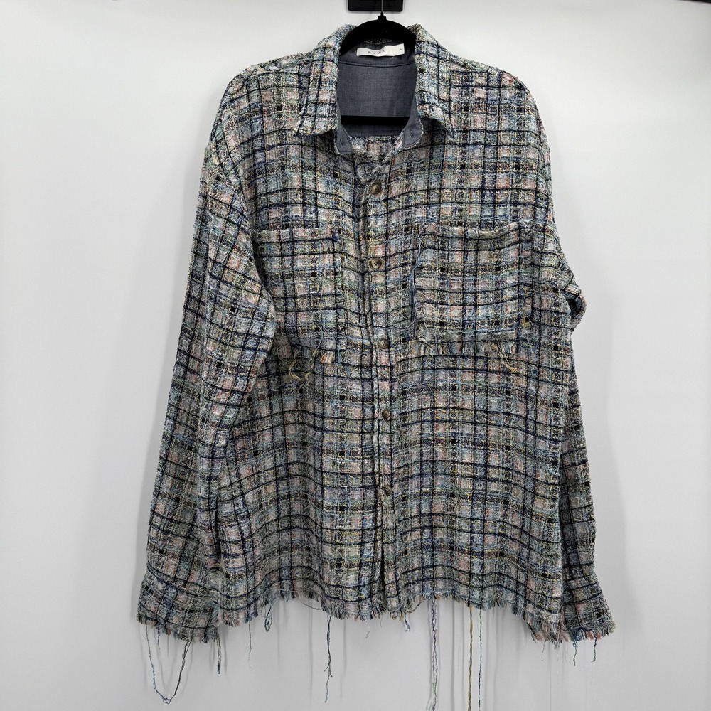 Mnml‎ Shirt Jacket Mens Large Multicolor Boucle Plaid Fringe Button Up Shacket